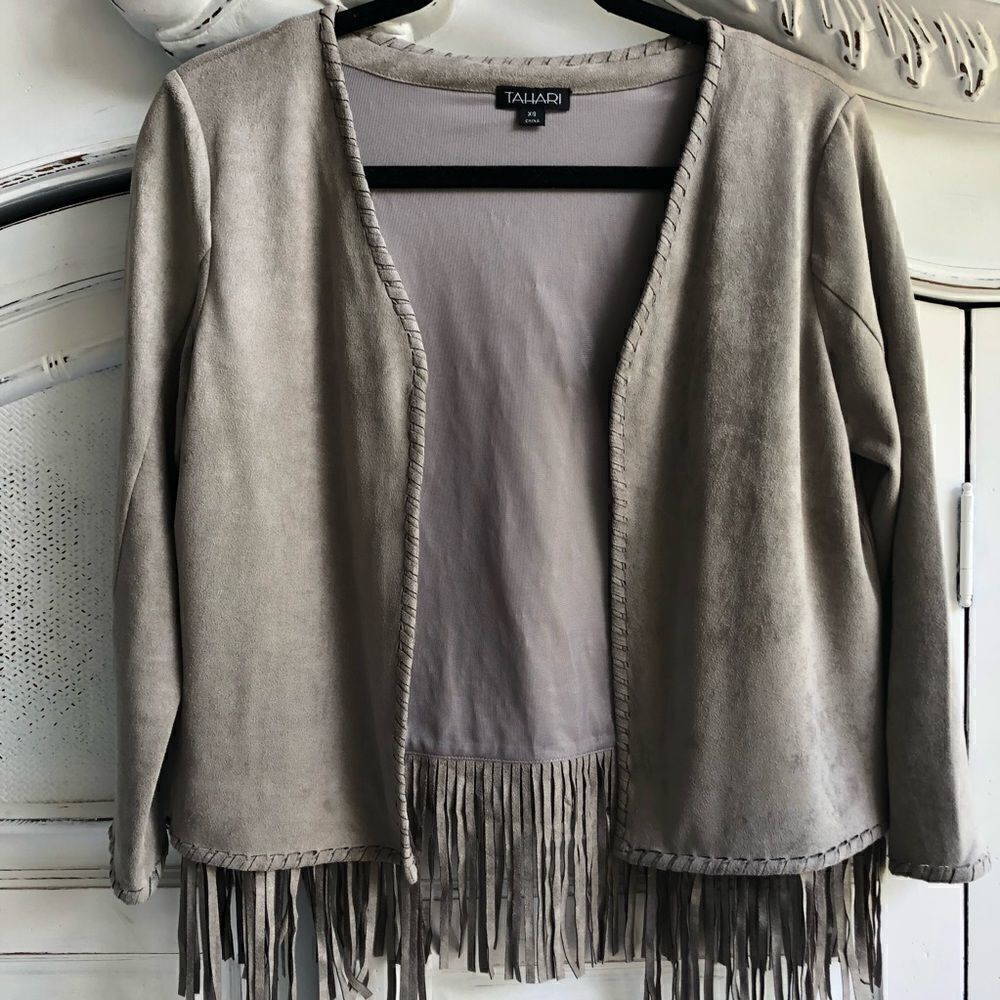 TAHARI FAUX SUEDE FRINGE JACKET - Picture 2 of 7